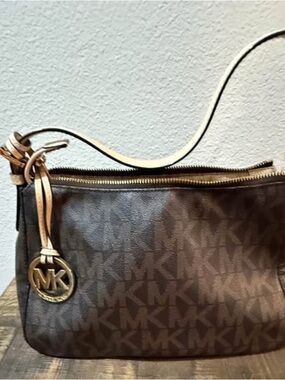 Michael Kors Brown MK Monogram Shoulder Bag with Gold Charm